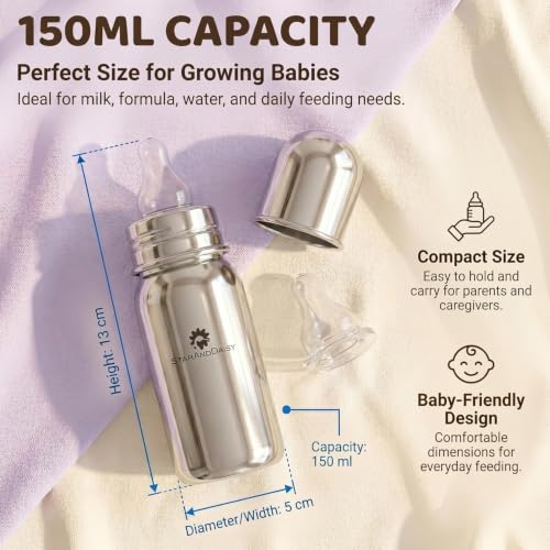 Image of StarAndDaisy Baby Milk Bottle for new Born /Infant /Toddler 150 ML SUS 304 Steel Baby Feeding Bottle for 0+ Months, BPA Free Leakproof Bottle, Anti Colic, Easy to Clean