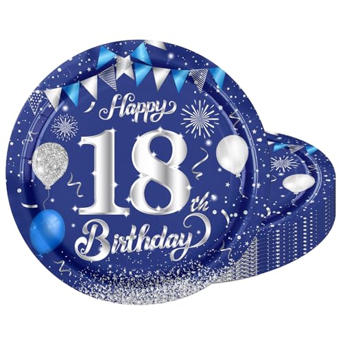 20 Pcs 9 Inch 18th Birthday Plates Official Blue & Silver 18th Birthday Theme Tableware Party Plate Set Disposable Paper Plates Legal Milestone Happy 18th Birthday Decorations Supplies Serves 20