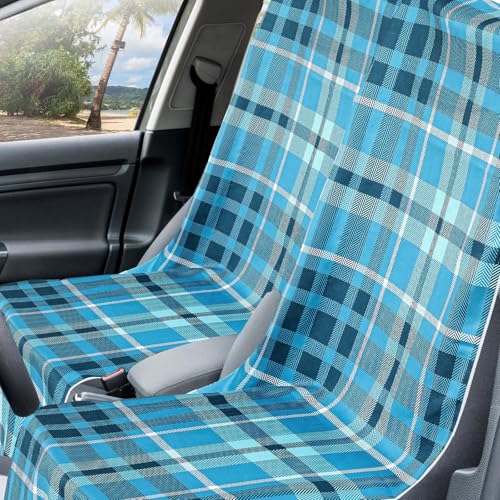 Image of Hahafelt 2 Pack Car Seat Towel Cover with Storage Bag, Blue Plaid | 63 x 32 in Car Towel Seat Cover Non Slip Waterproof, Gym Workout Swimming Running, Machine Washable Sweat Absorbent Protector