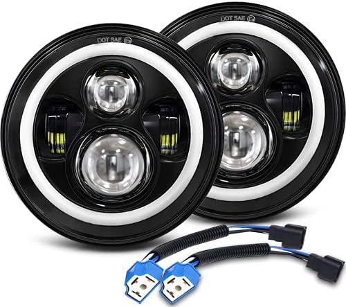 MGLLIGHT 7 Inch LED Headlights Round Halo Angel Eyes DRL Amber Turn Signal Lights H6024 LED Headlights Replace High/Low Sealed Beam Compatible with Wrangler JK TJ LJ CJ with H4 H13 Adapter, 2PCS