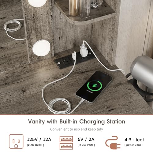 Vabches Vanity Desk with Mirror and Lights,Makeup Vanity Table with Charging Station,2 Drawer Bedroom Dressing Table with 3 Colors Modes Dimming & Cushioned Stool,Light Rustic Oak