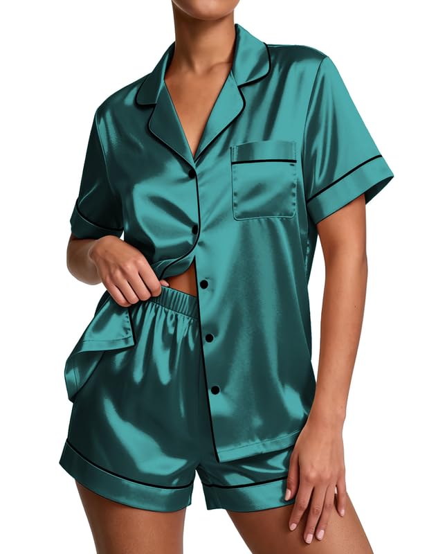 Image of Ekouaer Pajamas for Women Set Silk Satin Pjs Button Down Sleepwear Summer Loungewear Top and Shorts Lounge Set S-XXL