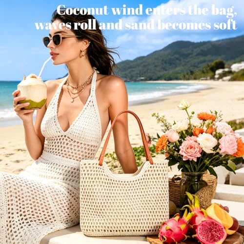 Bolso de playa grande de crochet con correa de cuero miniatura 3