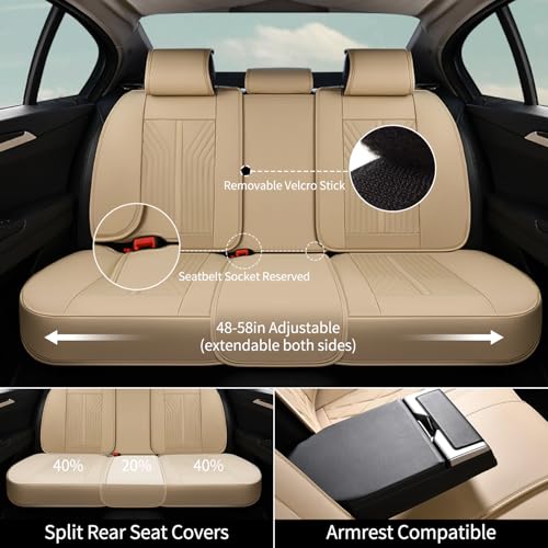Image of FLORICH Car Seat Covers Full Set Leather Front and Rear Seat Covers Luxury Automotive Car Seat Cover Car Seat Cushion Seat Protector Universal Fit for Most Cars Trucks SUV, Beige