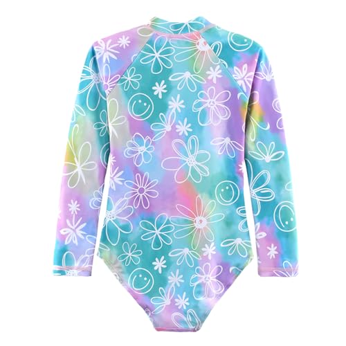 Kids Girls Rash Guard Long Sleeve One Piece Swimsuits Zipper Bathing Suits UPF 50+ Tropical Plant Flowers Ages 3-122