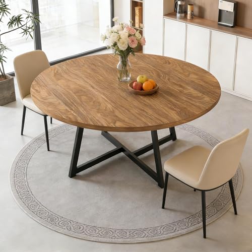Image of Large Round Dining Table for 6-8, Wooden Dinner Table with Heavy Duty Metal Pedestal Base, for Kitchen Living Room, Space Saving, 59 Inch, Brown