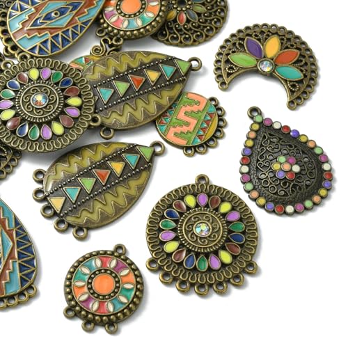 Stiesy 16 Pcs 8 Styles Bohemian Style Connector Charms with Enamel Teardrop Flat Round Moon Tibetan Chandelier Component Links for DIY Jewelry Making Decor - Image 3
