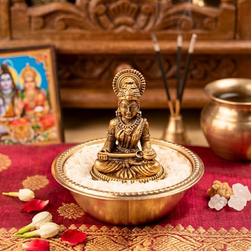 Image of anciently Pure Brass Annapoorani Statue with Rice Bowl - Maa Annapurna Devi Idol /Silai /Murti for Kitchen Vastu & Pooja Room, Gold Colour, 1 Set