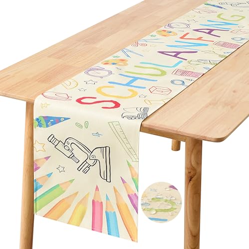 GUJOXILA Einschulung Tischläufer Wasserabweisend Beige Tischdeko Schulanfang für Schulkind 33 x 183 cm Schuleinführung Deko Abwaschbar Tischband für Einschulung Party Schulstart Feier