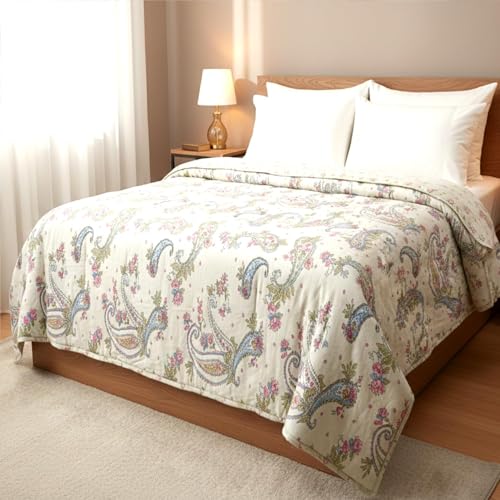 Image of 220 GSM 100% Cotton Microfibre Reversible Comforter AC Blanket for Summer /Winter /Quilt Soft Breathable Floral Print Duvet Single /Double Bed (Off White, Double Bed(230X250 CM))