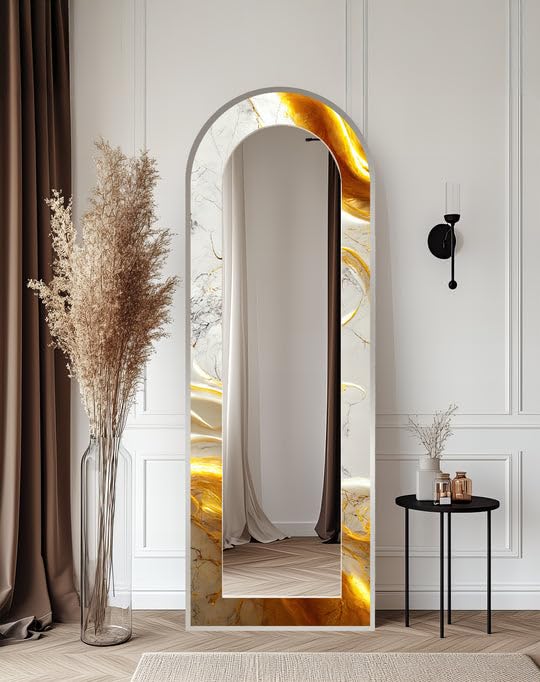 Specchio da pavimento astratto a lunghezza intera, 50 x 160 cm (larghezza x altezza), effetto marmo bianco, specchio da pavimento con cornice nera e cornice nera