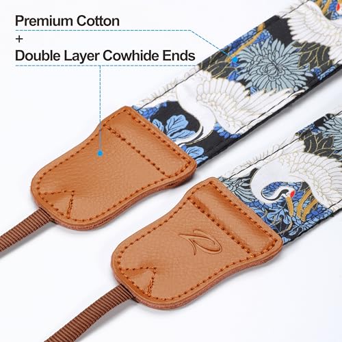 Image of Padwa Lifestyle Blue Crane Camera Strap - 2 inch Cowhide Leather Head Cotton Camera Straps for Photographers,Vintage Japanese Art Print Adjustable Neck & Shoulder Strap for ALL DSLR /SLR Cameras