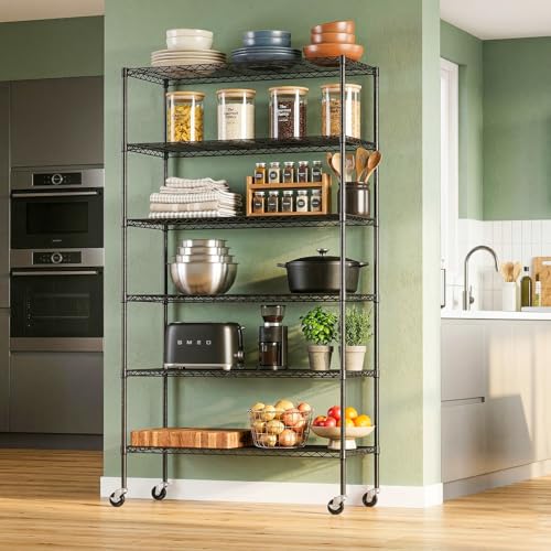 Image of BestOffice | 6-Tier Wire Shelf with Wheels | 18 inch x 45 inch x 82 inch | Black