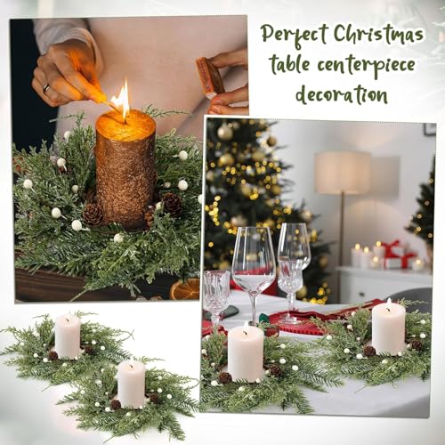 Image of 18 PCS Christmas Wreath Candle Rings Mini Wreath Pine Garland Artificial Frosted Cedar and Pine Cone Candle Rings Holder for Christmas Wedding Home Table Centerpiece Door Window Chair Wall