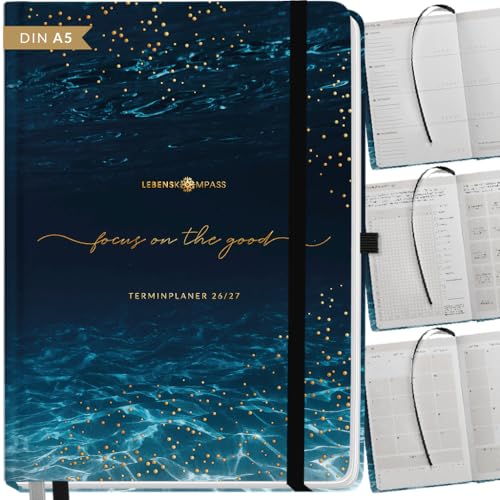 Lebenskompass Kalender 2026 2027 A5 Dive - Terminplaner Juli 2026 bis Dezember 2027 - 18 Monate Wochenplaner & Buchkalender mit Achtsamkeit Hardcover mit Goldprägung