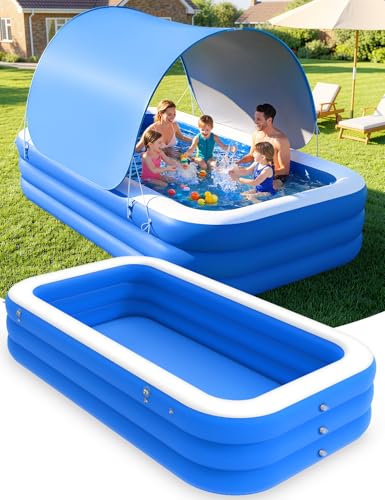 Image of MoKo Inflatable Swimming Pool with Canopy, Large Blow Up Pool with Shade for Adults Kids Kiddie Toddler, 102 inch x 65 inch x 23 inch Big Foldable Family Above Ground Pools for Backyard Garden, Blue /White