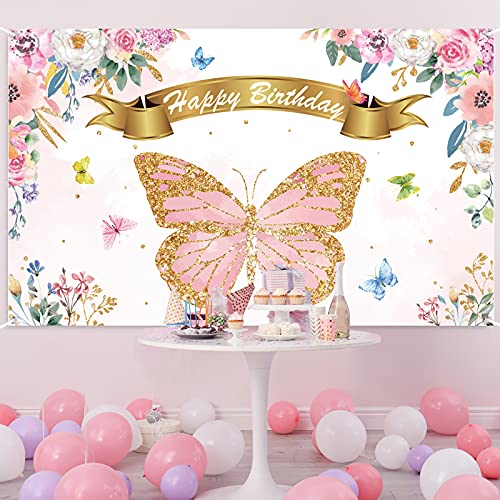 Chiazllta JM0172 Butterfly Birthday Party Backdrop Decorations Butterfly Spring Theme Party Background Banner Signs Favor Supplies thumb #6