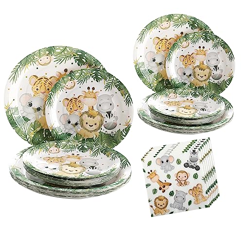 hpnparty Partygeschirr Dschungel Safari Partygeschirr Set für 25 Gäste,Junge tiere Einweggeschirr Set 75 Stück tiere teller servietten für Wild One Kindergeburtstag