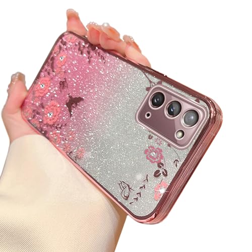 Image of for Note 20 Case,Galaxy Note 20 Case for Women Gradual Change Glitter Crystal Soft TPU Stylish Butterfly Floral Heart Clear Protective Cover with Strap for Samsung Note 20 (Rose Gold)