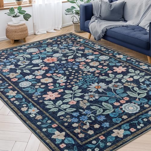 Best Color Rug for Blue Couch: Top Picks for Stylish Living Rooms 3 YIHOUSE Floral Blue 5x7 Washable Living Room Area Rug, Non Slip Boho Soft Bedroom Rug, Ultra Thin Colorful Flower Throw Carpet for Dining Room Home Office Dark Blue,5'x7'