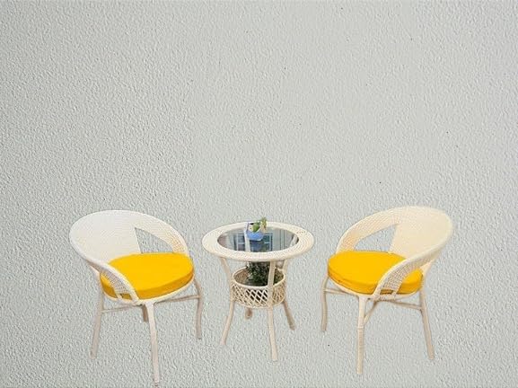 Image of 2 Chair 1 Table with Cushion for Outdoor, Indoor, Patio, Rattan Chair, Conversation Set, Living Room, Dining Room, Garden, Chair Set with Table (D-12 Off White & Yellow 2+1)