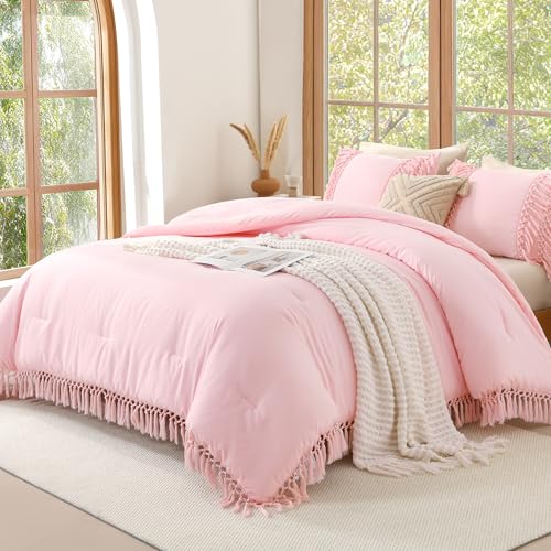 Image of Andency Comforter King Size Set Light Pink, 3 Pieces Boho Tassel Lightweight Fluffy Bedding Comforters & Sets, Soft All Season Bed Set (104x90In Comforter & 2 Pillowcases)