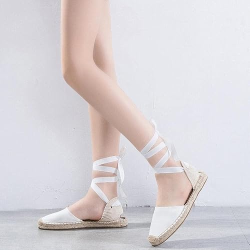 A Couple Of Lines Women's Espadrille Lace Up Flats - Comfortable Flat Sandals Summer Breathable Espadrille Sandals Adjustable Shoelace Easy To Wear Suitable For Dating, Work, Travel(White-9.5) #TOP5