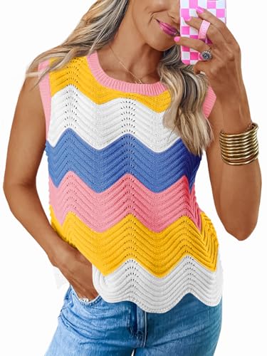 Saodimallsu Womens Summer Striped Tank Top Sleeveless Rainbow Knit Crew Neck Color Block Going Out Cropped Sweater Vest