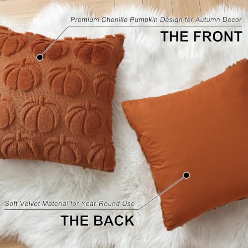 Image of decorUhome Fall Decorative Light Rust Pumpkin Throw Pillow Covers 16x16 Set of 2, Soft Faux Fur Plush Farmhouse Accent Pillow Cases for Couch Bed Sofa Autumn Harvest Halloween Holiday Home Decor