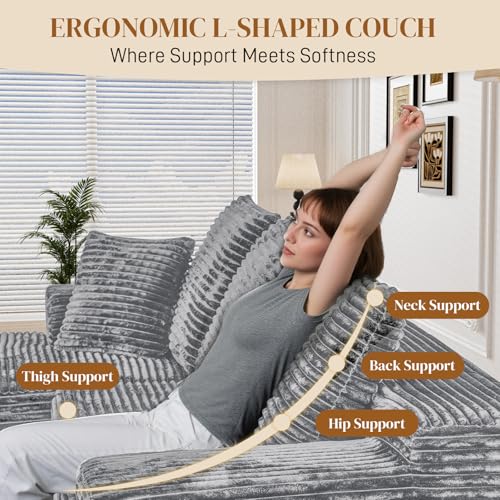 Image of 108 inch L Shaped Boneless Sectional Couches for Living Room, Comfy Corduroy Floor Cloud Sofa with Chaise, Wide Armrest, Deep Seat, Memory Foam, Assembly Free, Ideal for Small Spaces, Grey