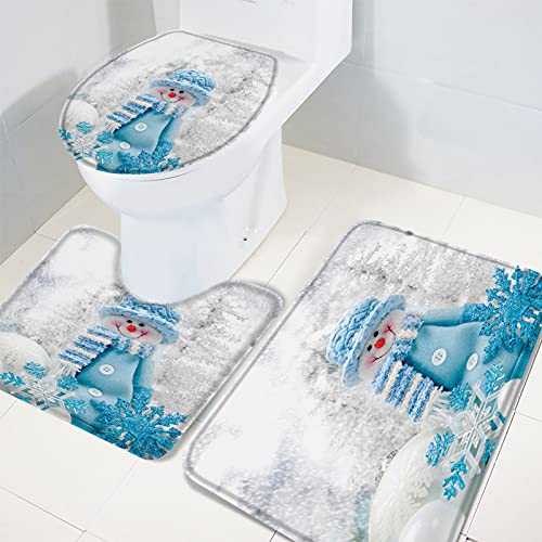 Onehoney 3-Piece Christmas Bath Rug And Mat Sets For Winter, Cute Blue Hat Snowman Snowflake Non-Slip Bathroom Doormat Runner Rugs, Toilet Seat Cover, Super Soft U-Shaped Toilet Floor Mat Large #TOP3