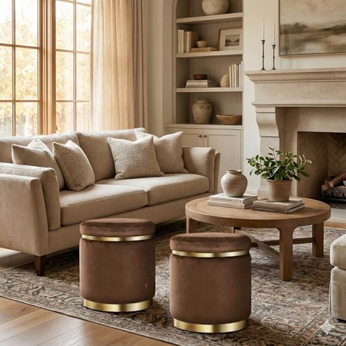 Image of AHAMNA Decorative Ottoman Pouffes for Sitting - Two-Piece Set of Puffy Stools and Footstools - Round Ottoman Stool for Living Room Furniture (Brown)