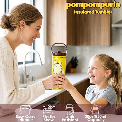 Image of Get Trend Hello Kitty Pompompurin 30oz Tumbler with Handle and Straw, Kids Stainless Steel Insulated Water Bottle,BPA-Free,Leak-Proof, Cold for 12h, Hot 5h, Kawaii Gifts for Girls(Yellow Pompompurin)
