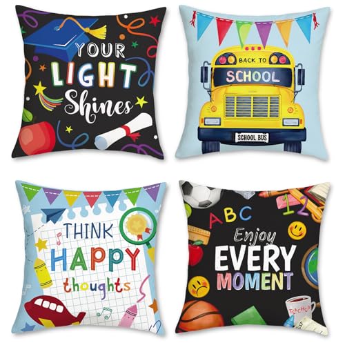Image of COZZSNUGE Back to School Kids Cushion Covers School Bus Educational Reading Corner Velvety Decorative Pillowcases for Sofa Bed Home Children Room Classroom 45 x 45 cm Set of 4
