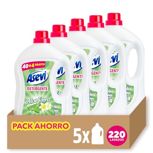 Asevi Detergente Líquido para Lavadora Aloe Vera - Detergente para Ropa Blanca y de Color con Fórmula Concentrada - Frescura Natural para la Ropa - Pack 5-220 Lavados