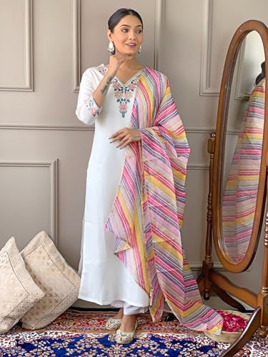 Image of Women's Kurta Set with Floral Print Dupatta, White and Purple