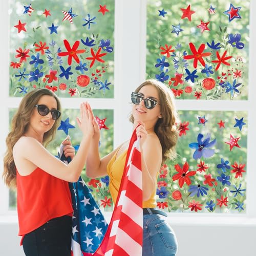 Whaline 6 Sheets Patriotic Window Clings 4th of July Red Blue Flower USA Star Reusable Window Decals for Independence Day Memorial Day Home Glass Party Decor