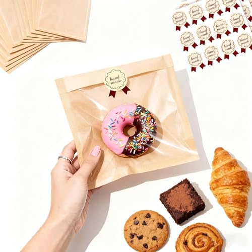 50 Pack Bakery Bags with Window & Stickers, 7.1x7.5 Inch Grease Resistant Kraft Paper Cookie Bags, Heat Sealable Pastry Sleeves for Donut, Sandwich & Treats