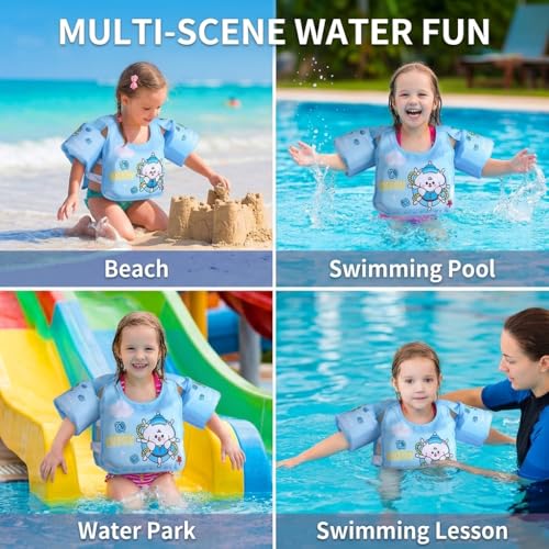 Image of Proberos Kids Swim Float Vest Non-Inflatable Swim Buoyancy with Arm Floats Adjustable Toddler Swim Aid Foam Inserts Buoyancy, Cartoon Swimming Training Polyester Jacket for Pool Water Learning