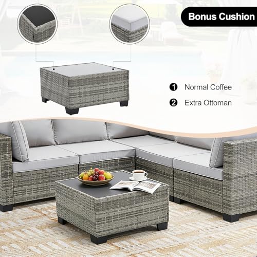 CANMOV 7 Pieces Patio Furniture Sets, All Weather Outdoor Patio Conversation Set PE, Wicker Sectional Rattan Sofa Couch with Glass Coffee Table for Garden, Poolside, Balcony, Backyard, Light Grey - Image 5