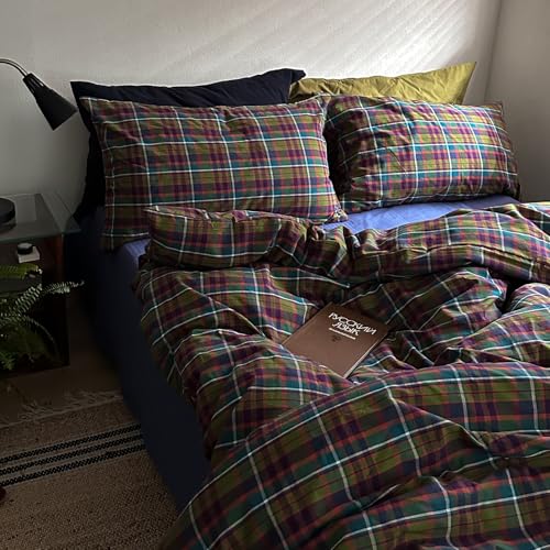 Image of EAVD Vintage Buffalo Plaid Duvet Cover Twin Soft 100% Washed Cotton 3-Piece Colorful Checkered Grid Bedding Set for Boys Girls Reversible Retro Gingham Comforter Cover with Zipper Closure