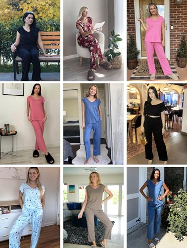 Image of Ekouaer Womens Pajama Sets Short Sleeve Sleepwear Tops and Long Pants V Neck Pjs 2 Piece Lounge Set with Pockets S-XXL