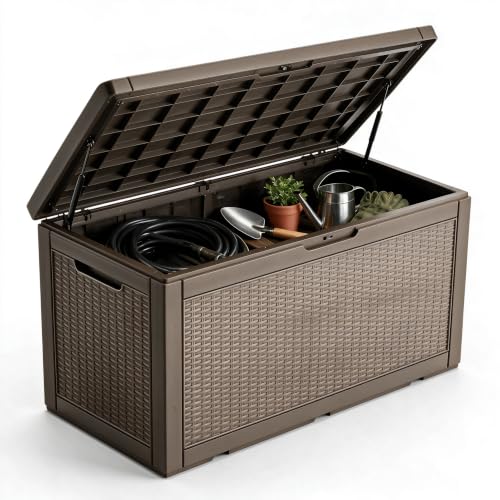 Image of 120 Gallon Deck Box,Lockable Outdoor Storage Box Gas Lift,Waterproof Grey | Package delivery box for outside, outdoor bench with lid, holds patio cushions, gardening tools, dock storage for patio