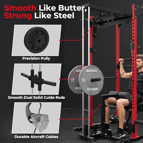 Image of Mikolo F4 2.0 Power Cage with Dual-Track Smooth Pulley System, 1200LBS Power Rack with Leg Hold-Down for Heavy LAT Pulldowns (Red, F4 2.0 Package)