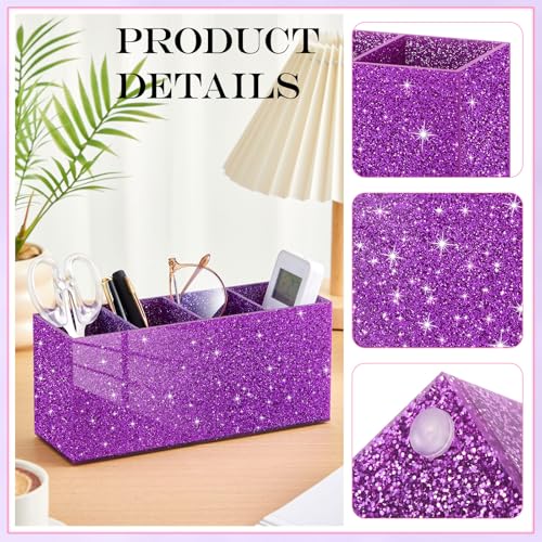 Image of Jetec Acrylic Glitter Pen Holder 4 Compartments Bling Makeup Brush Stationery Organizer Pencil Holder for Desk Accessories Sparkly Gifts for Women Birthday Valentines Desktop Workplace Office(Purple)