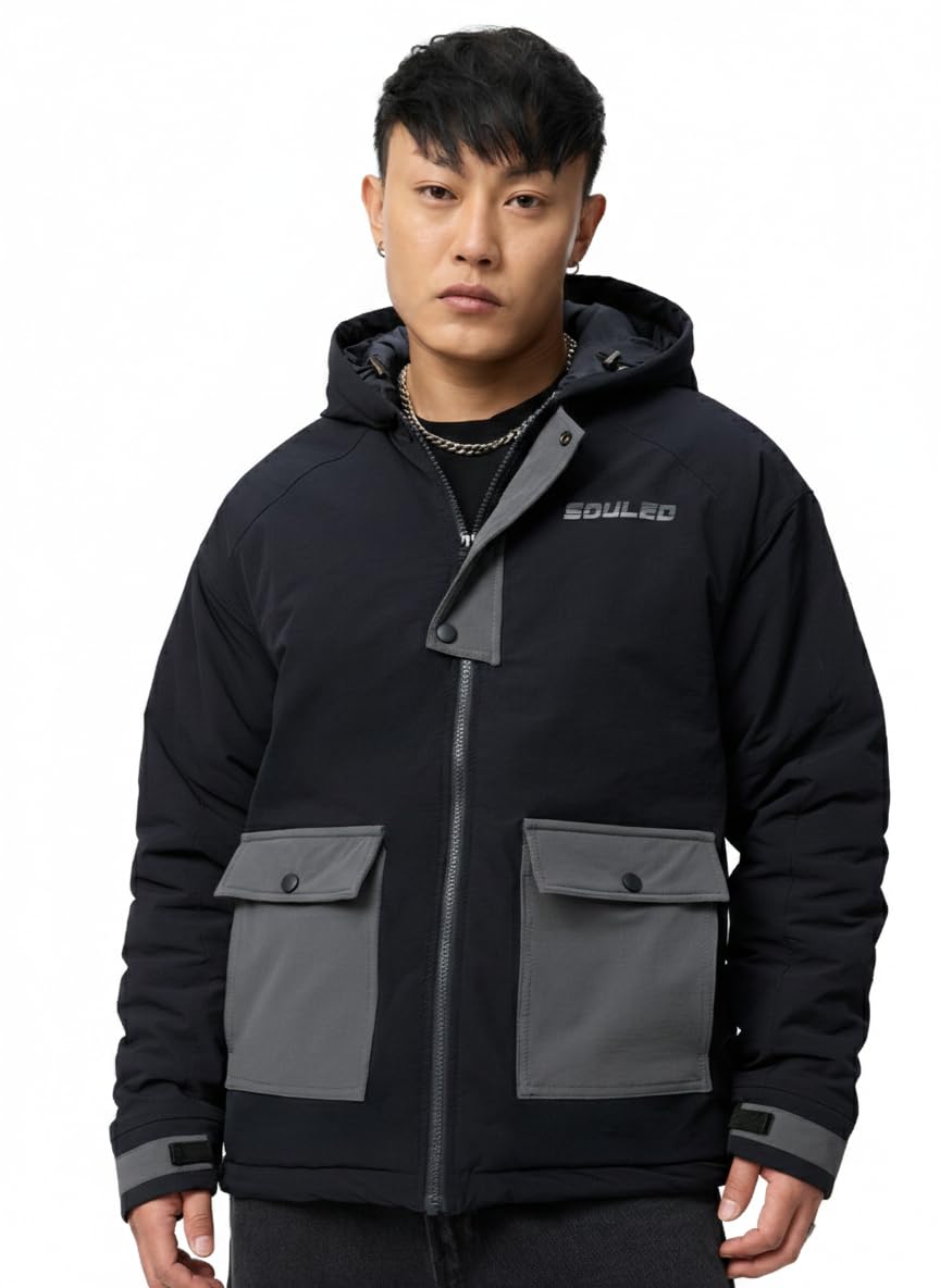 the souled store Midnight Men and Boys Full Sleeves Spread Collar Black Solid Polyester Oversized Fit Utility Pockets Fixed Hood Lightweight Winter Jacket-picture-10