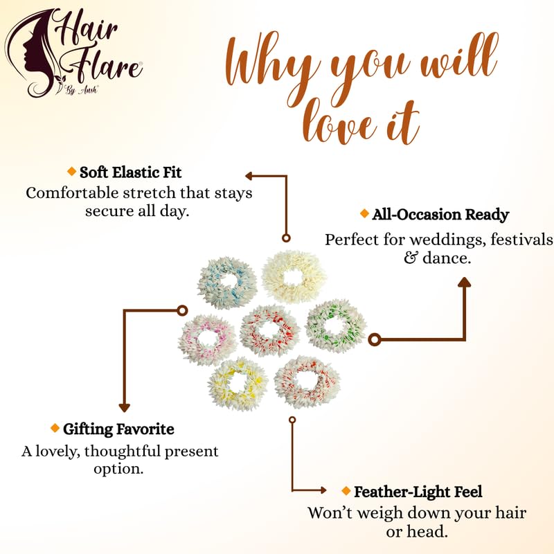 Image of Hair Flare Set of 7 Artificial Mogra Gajra Juda Bun Flowers for Hair | Reusable Floral Hair Accessory with Multicolor Thread for Bridal, Festive & Traditional | Women & Girls Juda Decoration