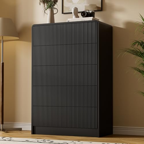 Image of Furniway Black 5 Drawer Dresser for Bedroom, Curved Tall Dresser with Push-to-Open Design, Chest of Drawers for Bedroom, Living Room, Hallway, 15.7 inchD x 32 inchW x 47.2 inchH