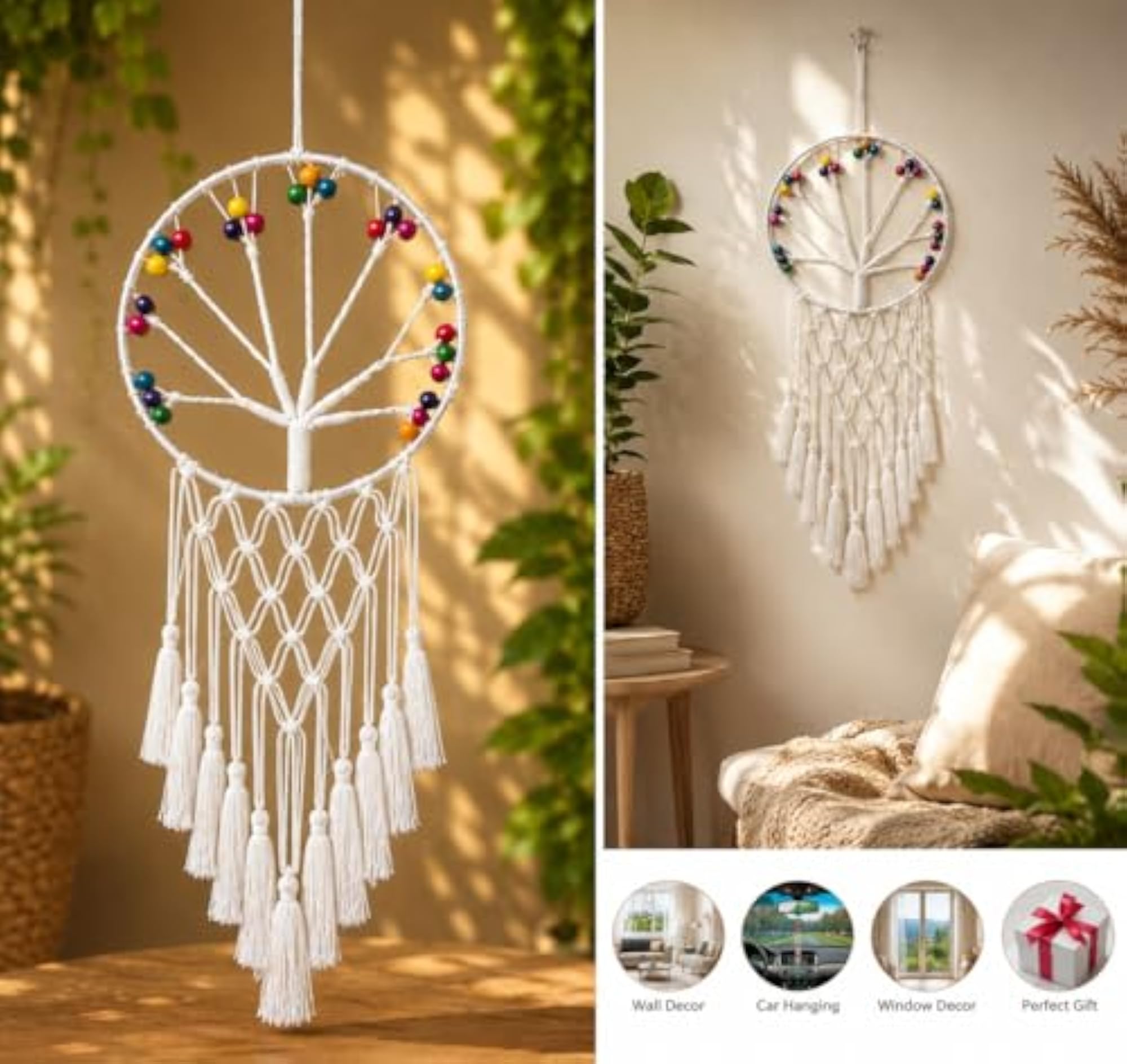 Handmade Macrame Dream Catcher Wall Hanging with Colorful Beads