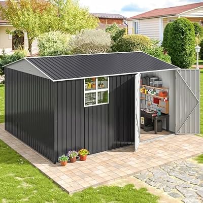 AirWire 12x10 FT Outdoor Metal Storage Shed with Window, Heavy-Duty Galvanized Steel Tool Shed with Lockable Doors, Waterproof Garden Shed for Backyard, Patio, Lawn, Black